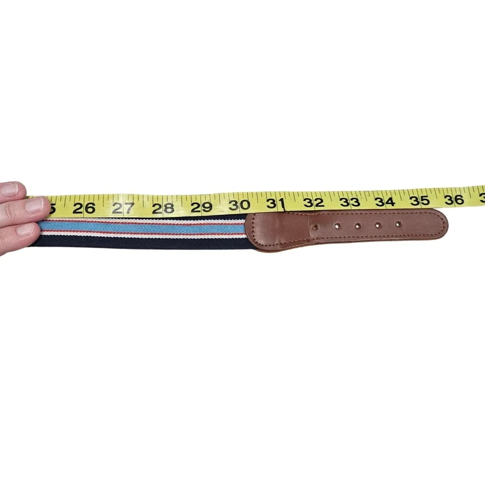 Striped Web Belt‎ 33 Genuine Leather Navy Blue Red Accents Casual Woven Preppy